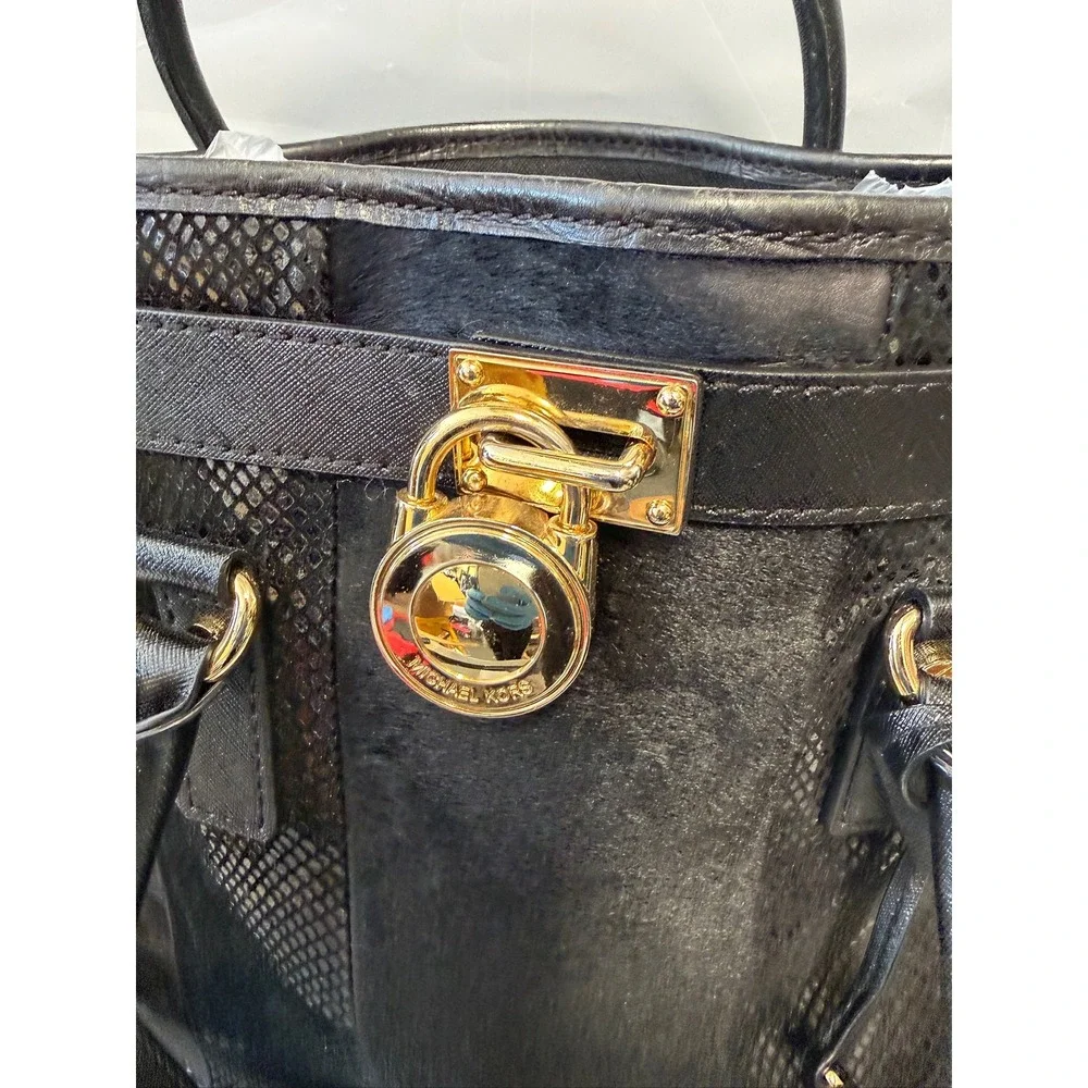 Michael Kors Hamilton Black Mixed Media Calf Hair Croc Embossed Leather Tote Bag